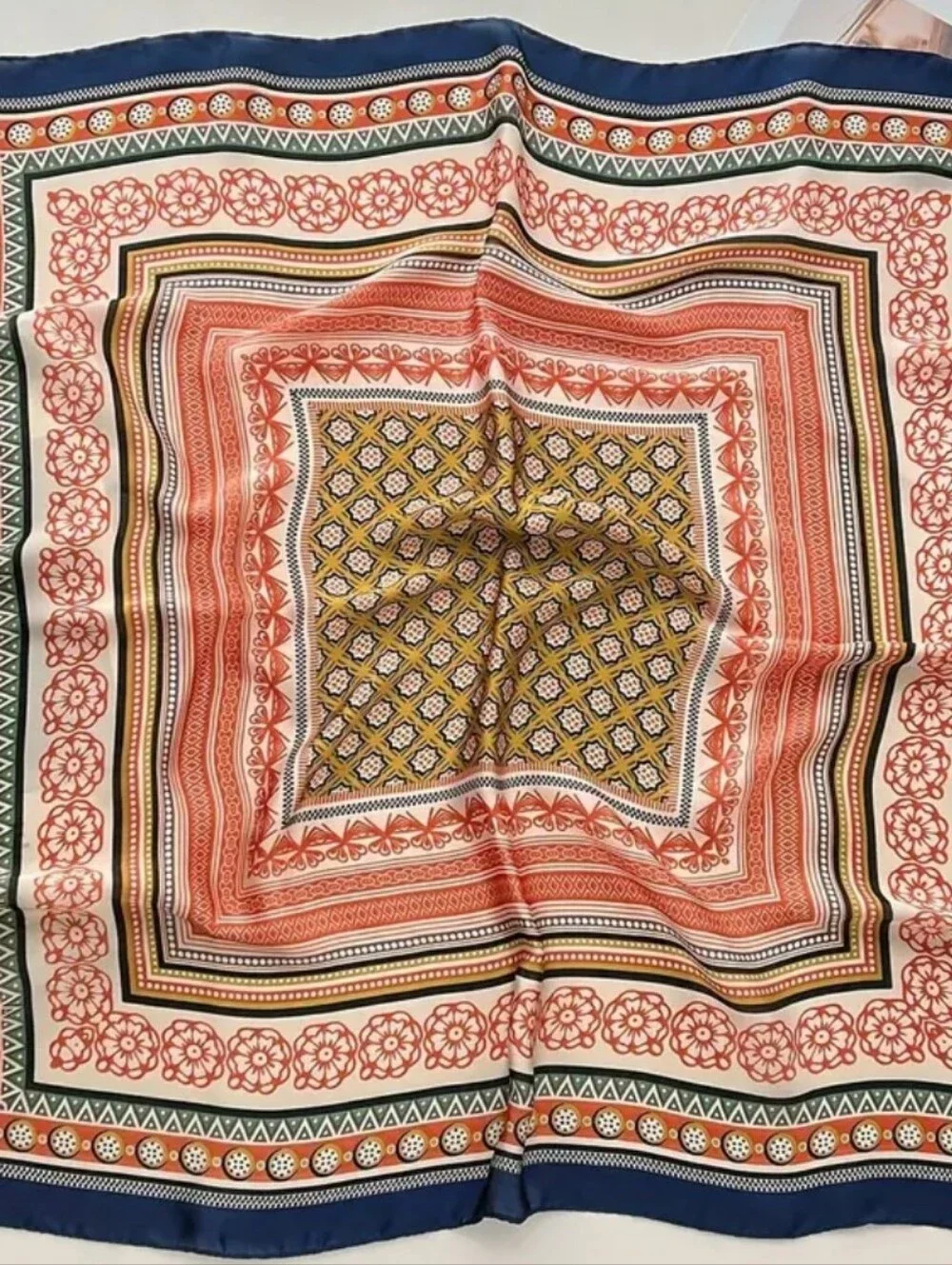 Geometric Floral Square Scarf in Navy, Orange & Cream
